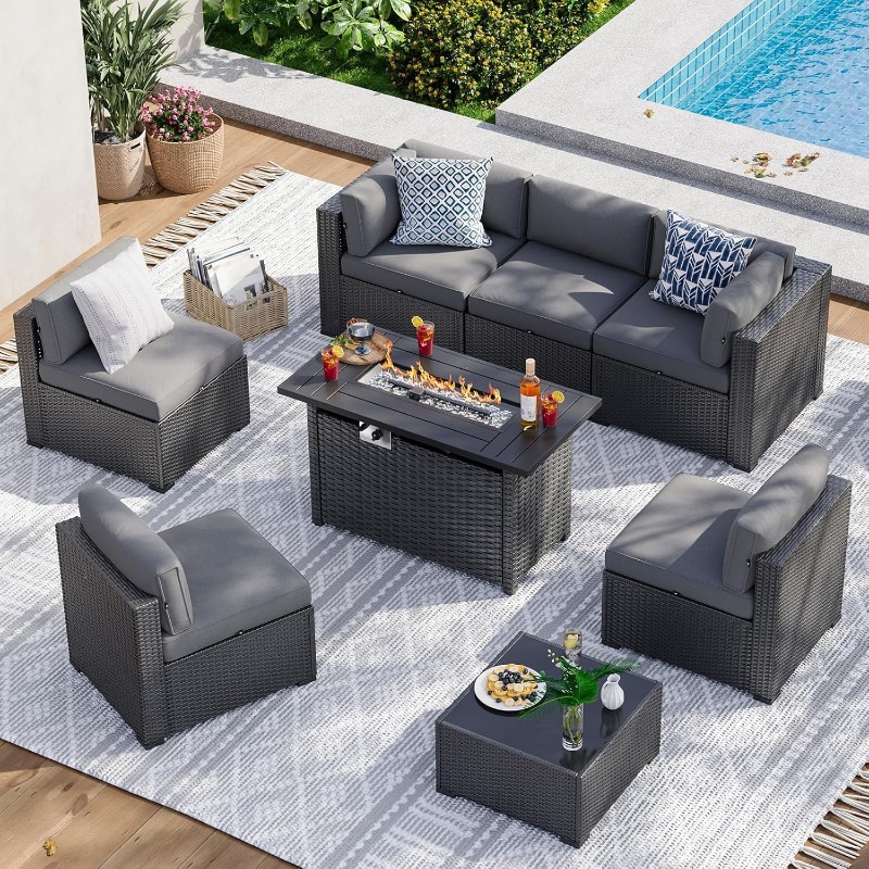 Set Furnitur Teras Aoxun 8 Bua - Outdoor Furniture And Fire Pit ulasan dan harga